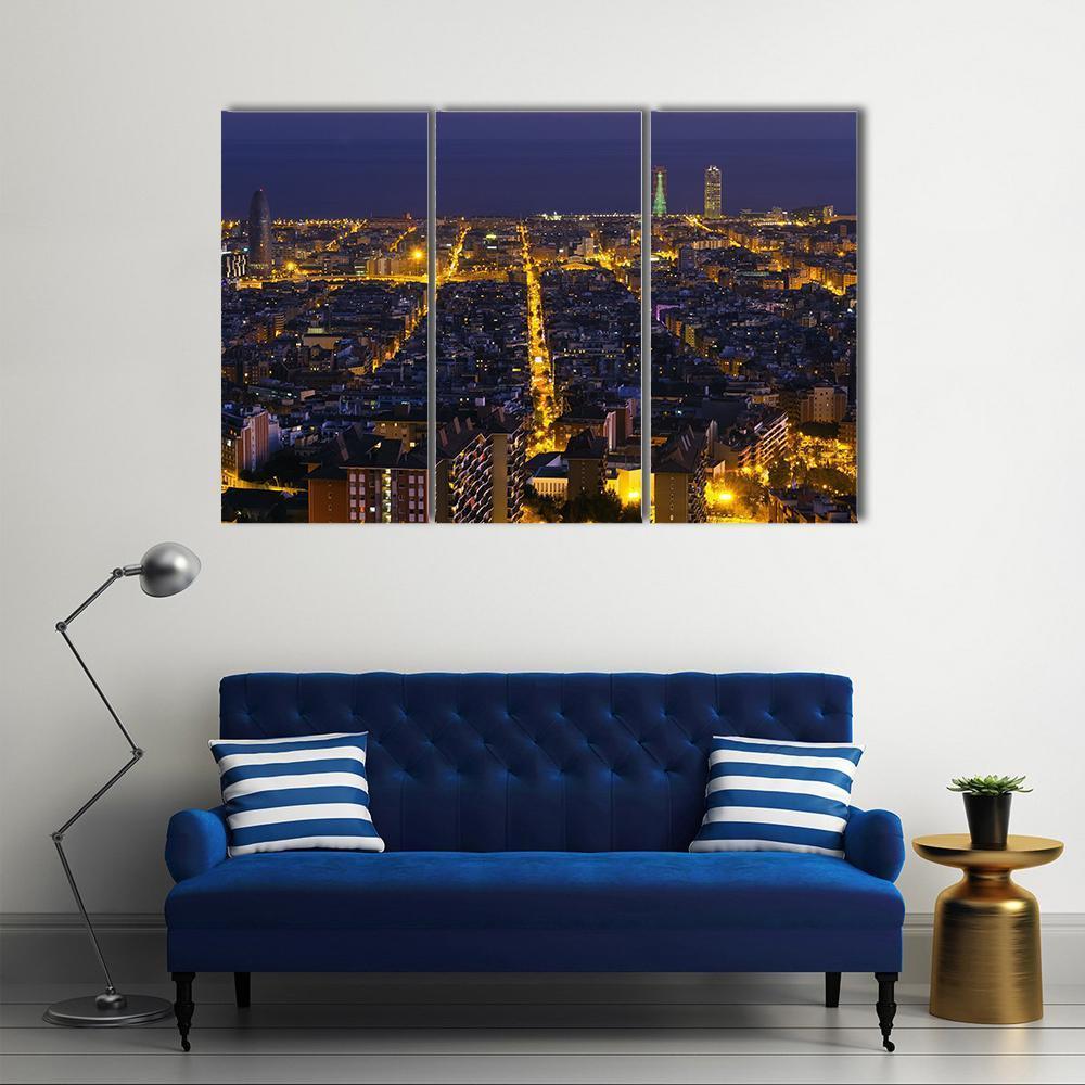 City Of Barcelona At Night Canvas Wall Art-3 Horizontal-Gallery Wrap-37" x 24"-Tiaracle