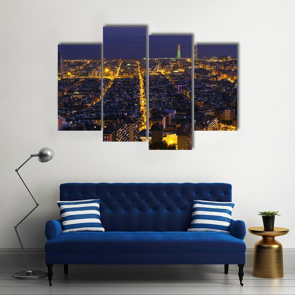 City Of Barcelona At Night Canvas Wall Art-4 Pop-Gallery Wrap-50" x 32"-Tiaracle