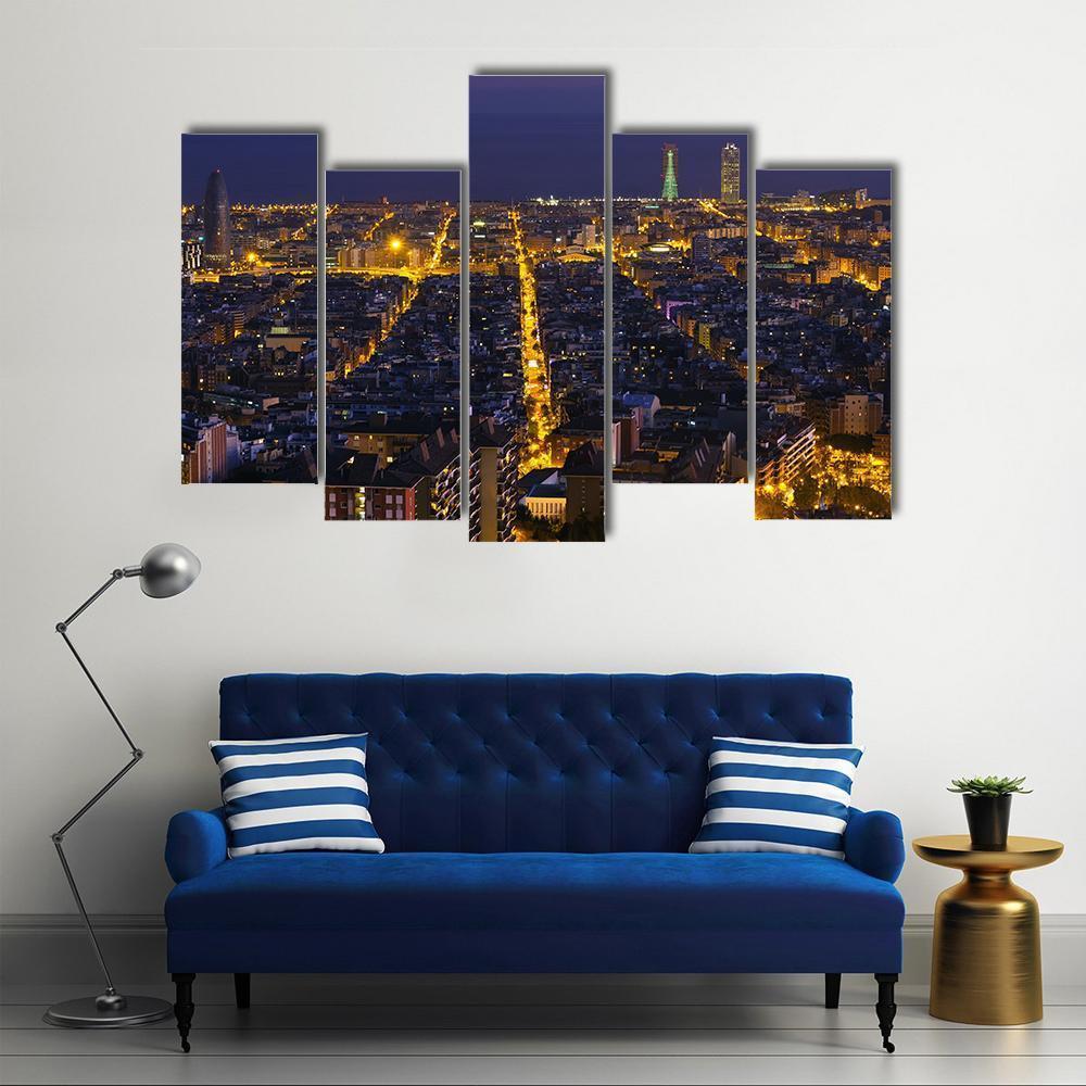 City Of Barcelona At Night Canvas Wall Art-5 Pop-Gallery Wrap-47" x 32"-Tiaracle