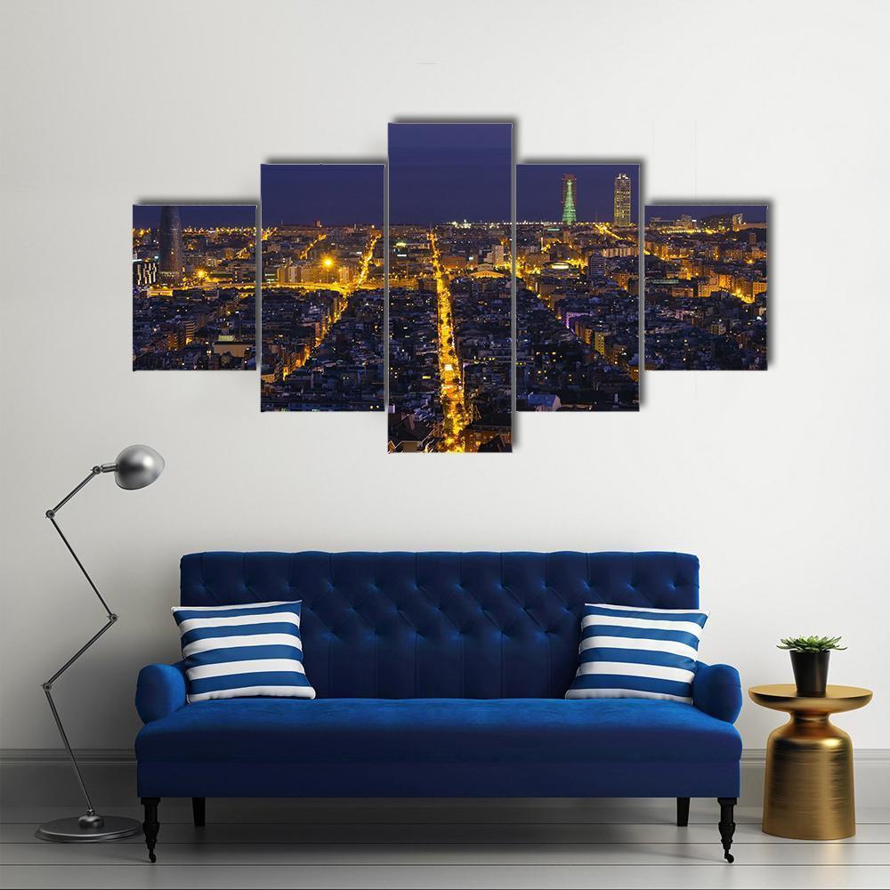 City Of Barcelona At Night Canvas Wall Art-5 Star-Gallery Wrap-62" x 32"-Tiaracle