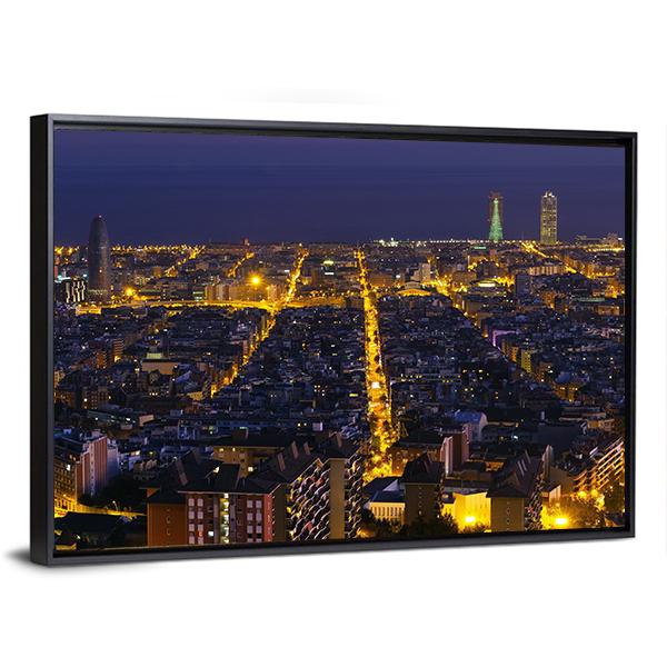 City Of Barcelona At Night Canvas Wall Art-3 Horizontal-Gallery Wrap-25" x 16"-Tiaracle
