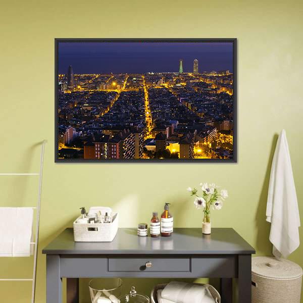 City Of Barcelona At Night Canvas Wall Art-3 Horizontal-Gallery Wrap-25" x 16"-Tiaracle