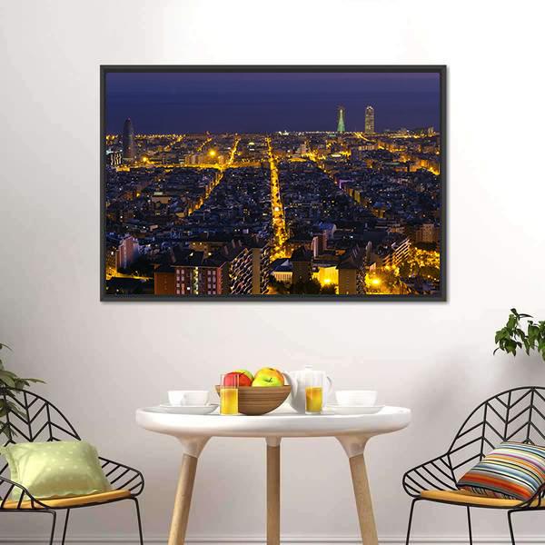 City Of Barcelona At Night Canvas Wall Art-1 Piece-Floating Frame-24" x 16"-Tiaracle