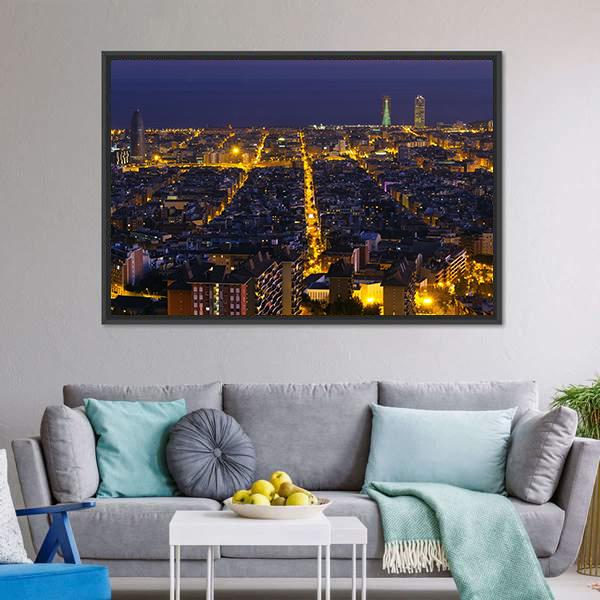 City Of Barcelona At Night Canvas Wall Art-3 Horizontal-Gallery Wrap-25" x 16"-Tiaracle