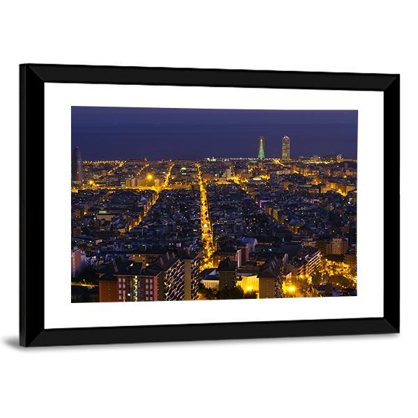 City Of Barcelona At Night Canvas Wall Art-3 Horizontal-Gallery Wrap-25" x 16"-Tiaracle