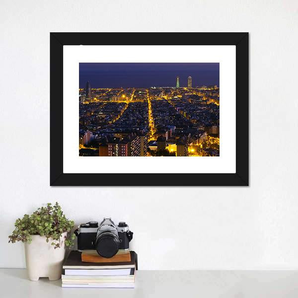 City Of Barcelona At Night Canvas Wall Art-3 Horizontal-Gallery Wrap-25" x 16"-Tiaracle