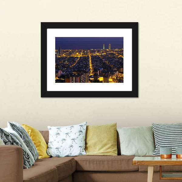 City Of Barcelona At Night Canvas Wall Art-1 Piece-Framed Print-20" x 16"-Tiaracle