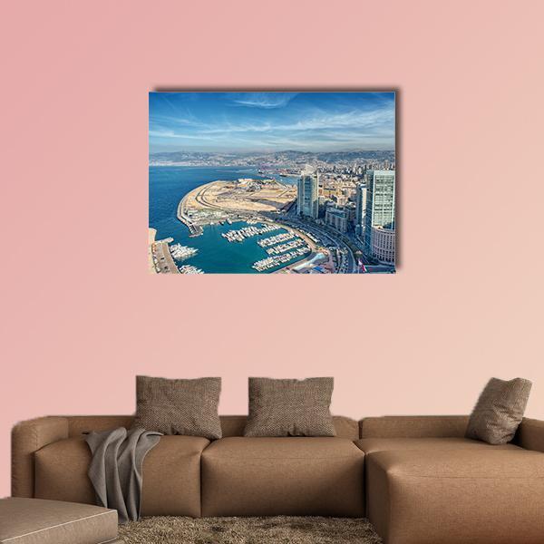 Beirut City Skyline with Harbor Canvas Wall Art in white, beige and blue, single panel hung on a wall
