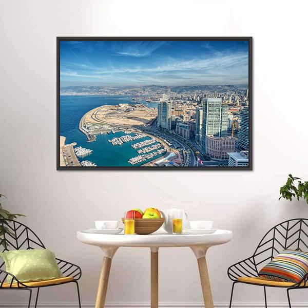 Beirut City Skyline with Harbor Canvas Wall Art in white, beige and blue, framed canvas, product view on a white background