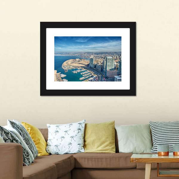 Beirut City Skyline with Harbor Canvas Wall Art in white, beige and blue, framed print, product view on a white background