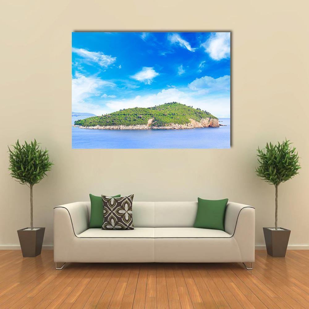 Dubrovnik Coastal Island View Canvas Wall Art in white, green and blue, single panel hung on a wall