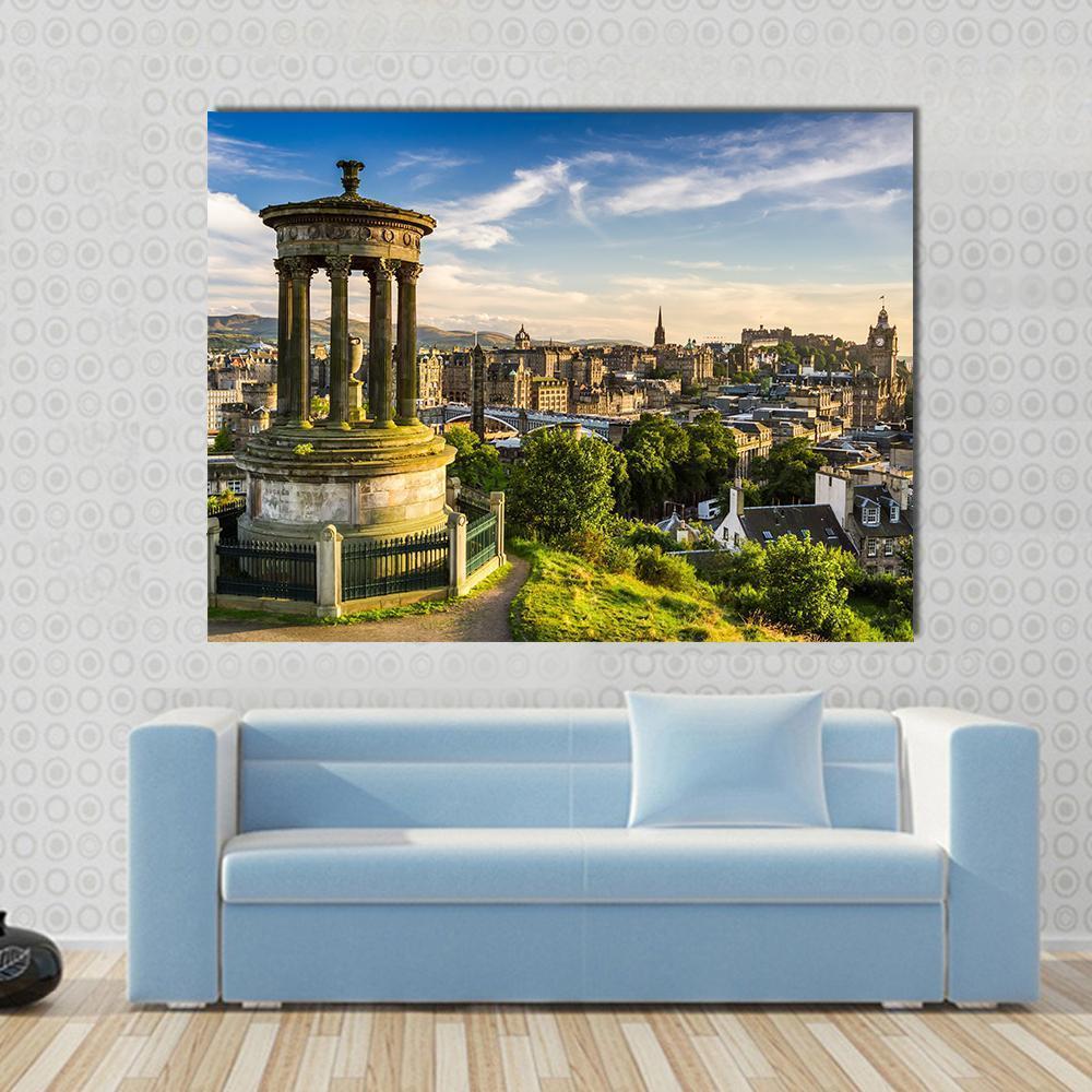 City of Edinburgh Canvas Wall Art in brown, green and blue, single panel hung on a wall