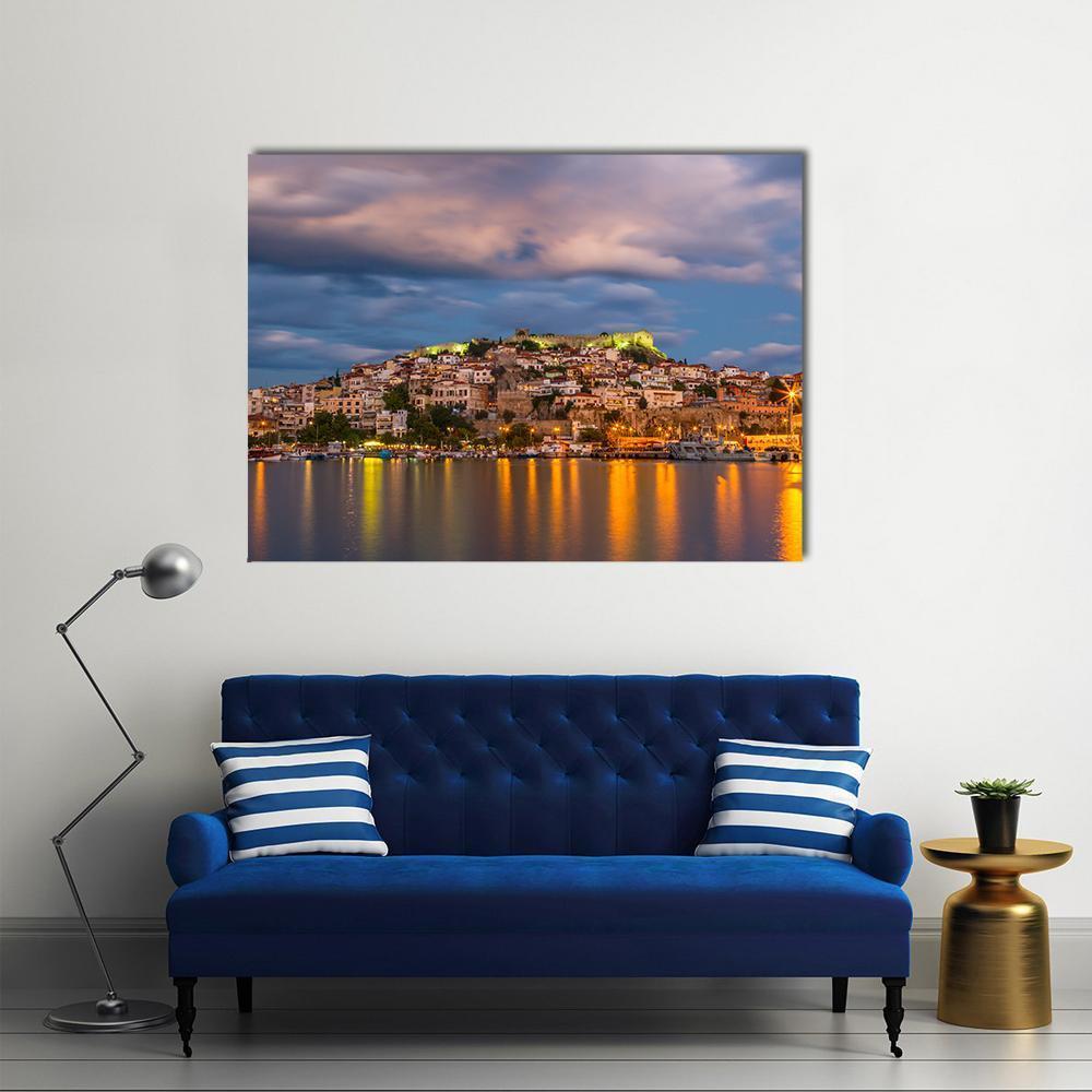 Kavala Harbor at Dusk Canvas Wall Art in orange, yellow and blue, single panel hung on a wall