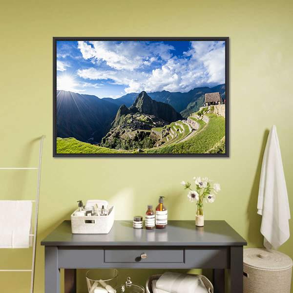Sunlit Machu Picchu Terraces Canvas Wall Art in white, green and blue, framed canvas, product view on a white background