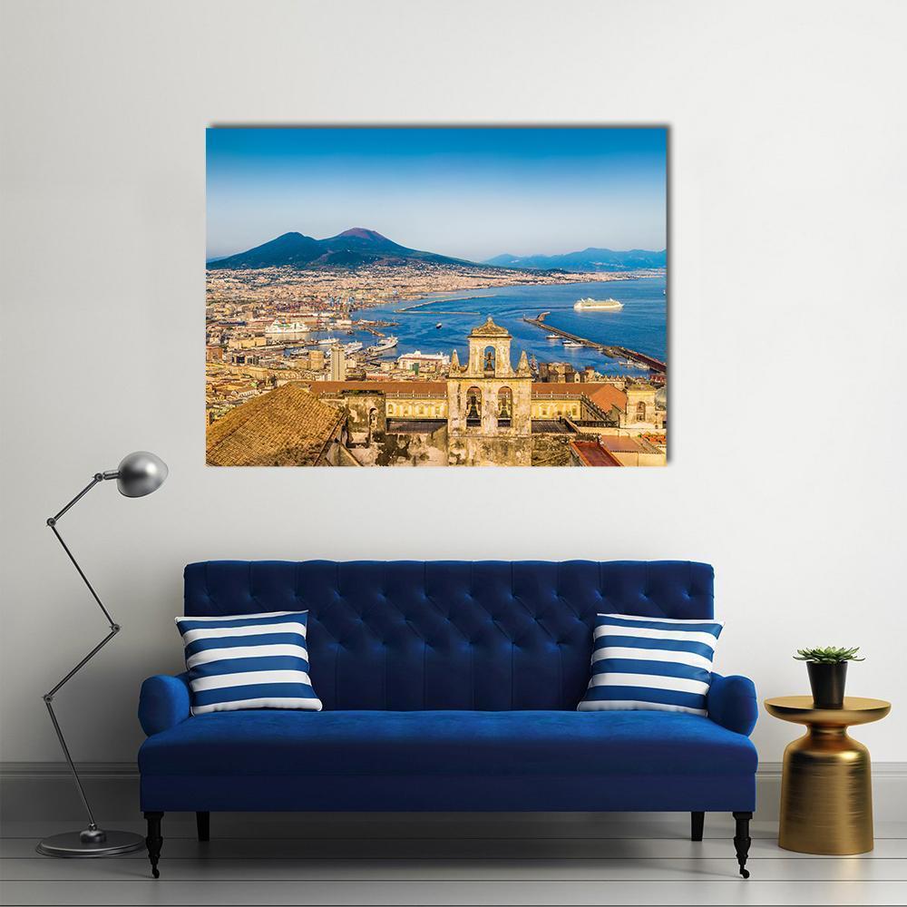 Naples Harbor with Mount Vesuvius Canvas Wall Art in beige, brown and blue, single panel hung on a wall