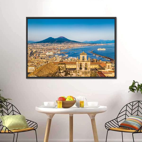 Naples Harbor with Mount Vesuvius Canvas Wall Art in beige, brown and blue, framed canvas, product view on a white background