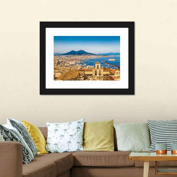 City Of Naples With Mount Vesuvius Canvas Wall Art-1 Piece-Framed Print-20&quot; x 16&quot;-Tiaracle