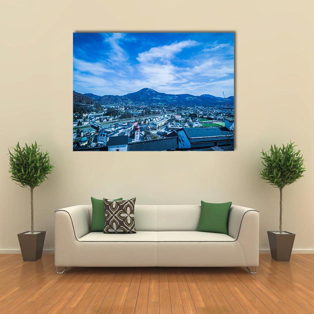 Salzburg Cityscape Canvas Wall Art in white and blue, single panel hung on a wall