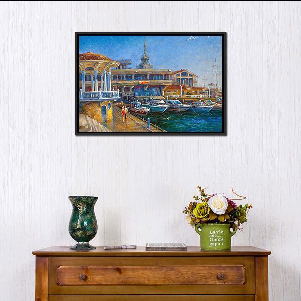 Sochi Harbor with Docked Boats Canvas Wall Art in brown, yellow and blue, framed canvas, product view on a white background