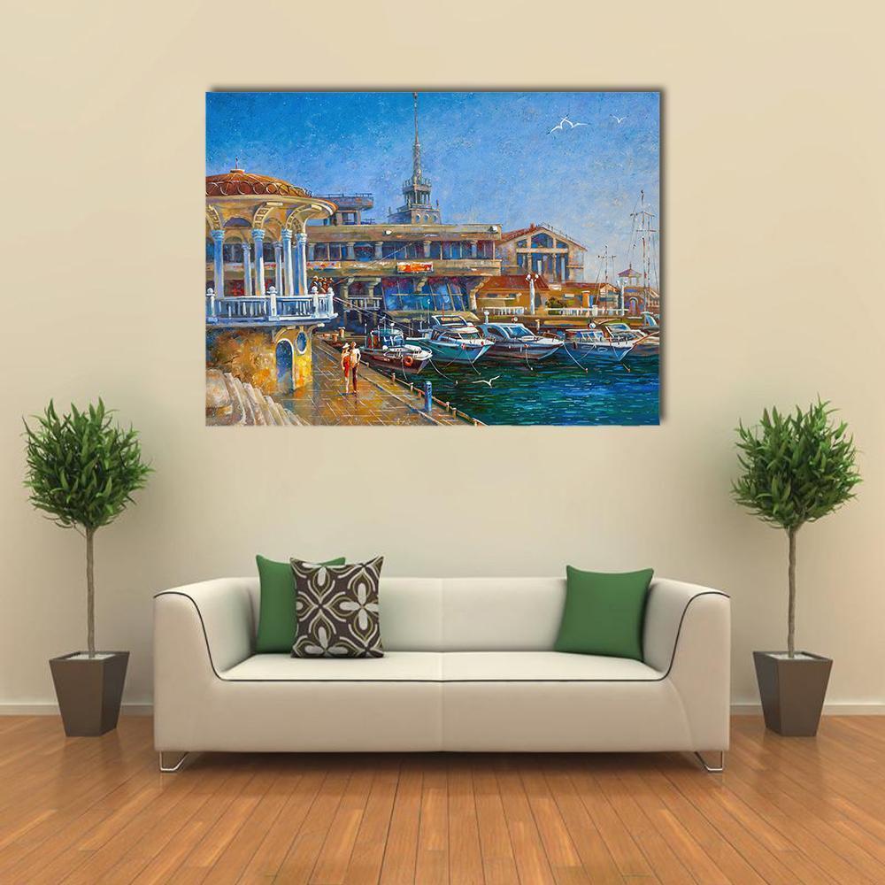 Sochi Harbor with Docked Boats Canvas Wall Art in brown, yellow and blue, single panel hung on a wall