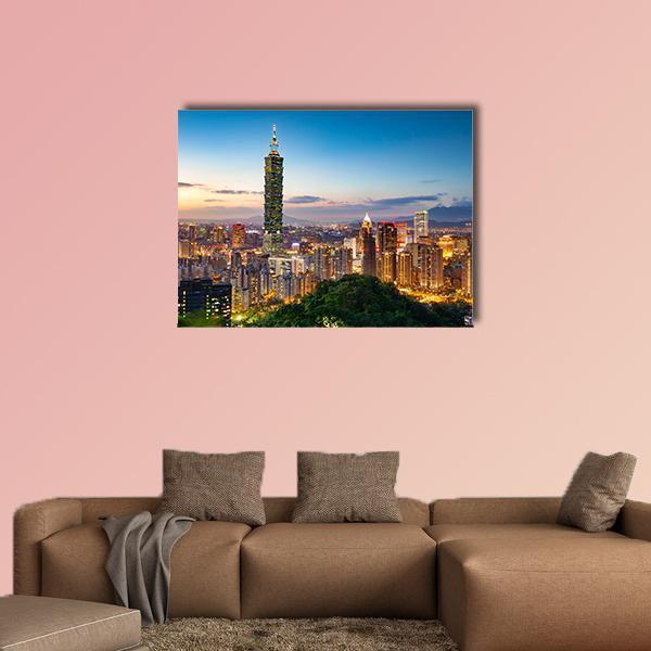 Taipei City Skyline at Twilight Canvas Wall Art in orange, yellow and blue, single panel hung on a wall