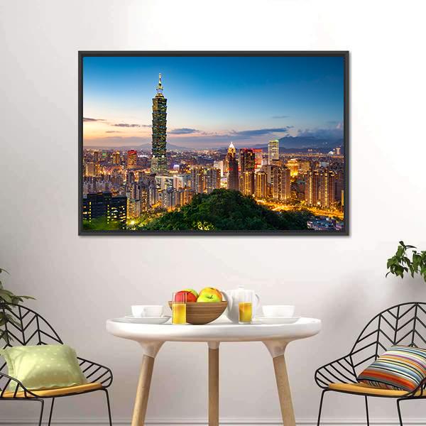 Taipei City Skyline at Twilight Canvas Wall Art in orange, yellow and blue, framed canvas, product view on a white background