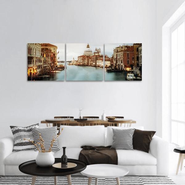 Venice Grand Canal with Santa Maria Della Salute Panoramic Canvas Wall Art in beige, brown and blue, hung on a wall