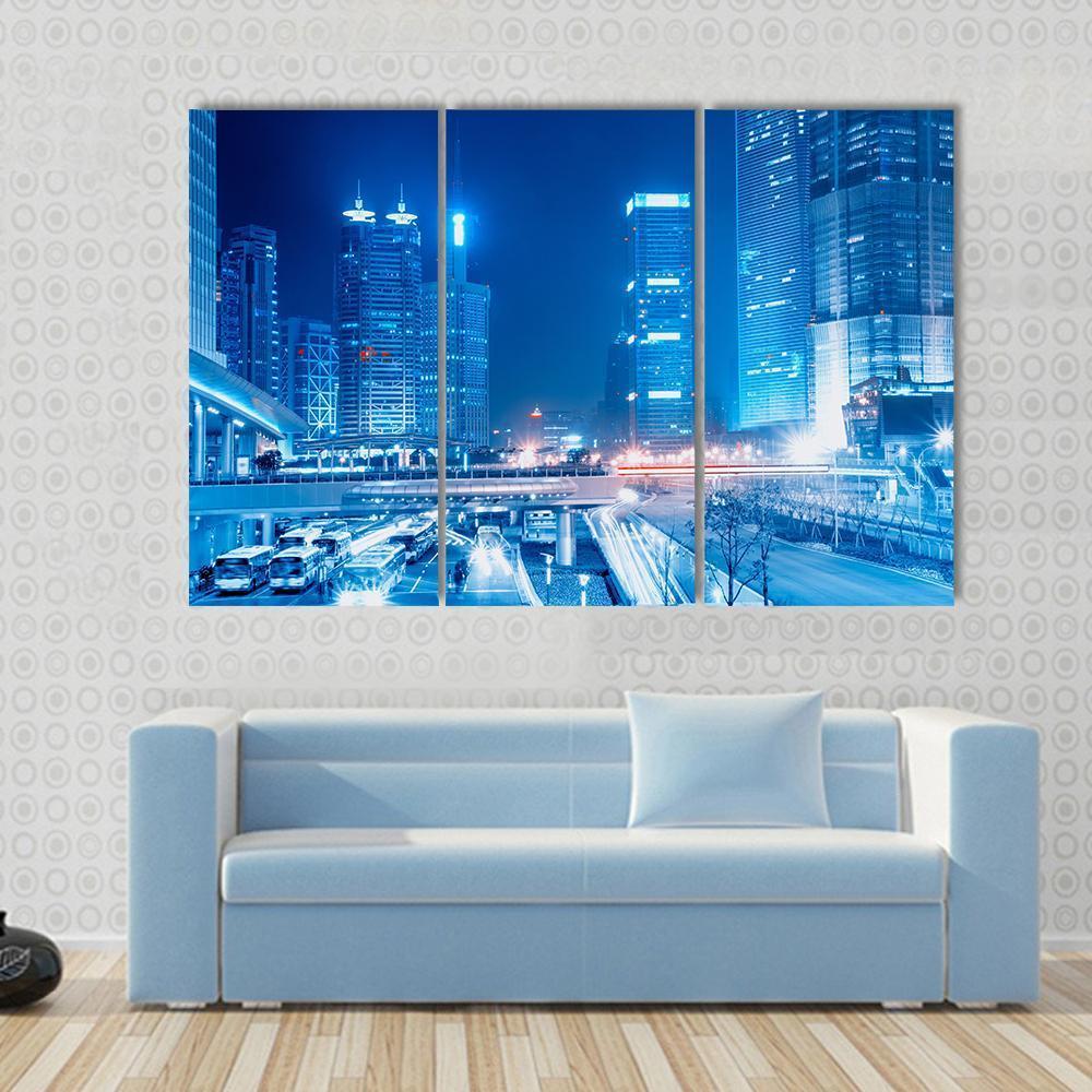 Speedy Cars At Night Canvas Wall Art-3 Horizontal-Gallery Wrap-37" x 24"-Tiaracle