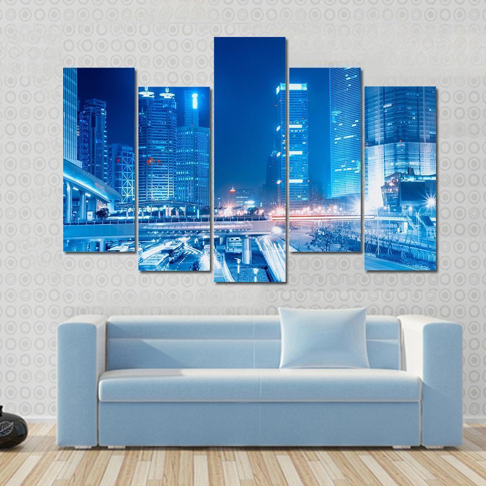 Speedy Cars At Night Canvas Wall Art-5 Pop-Gallery Wrap-47" x 32"-Tiaracle