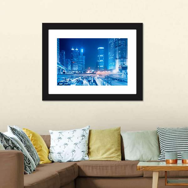 Speedy Cars At Night Canvas Wall Art-1 Piece-Framed Print-20" x 16"-Tiaracle
