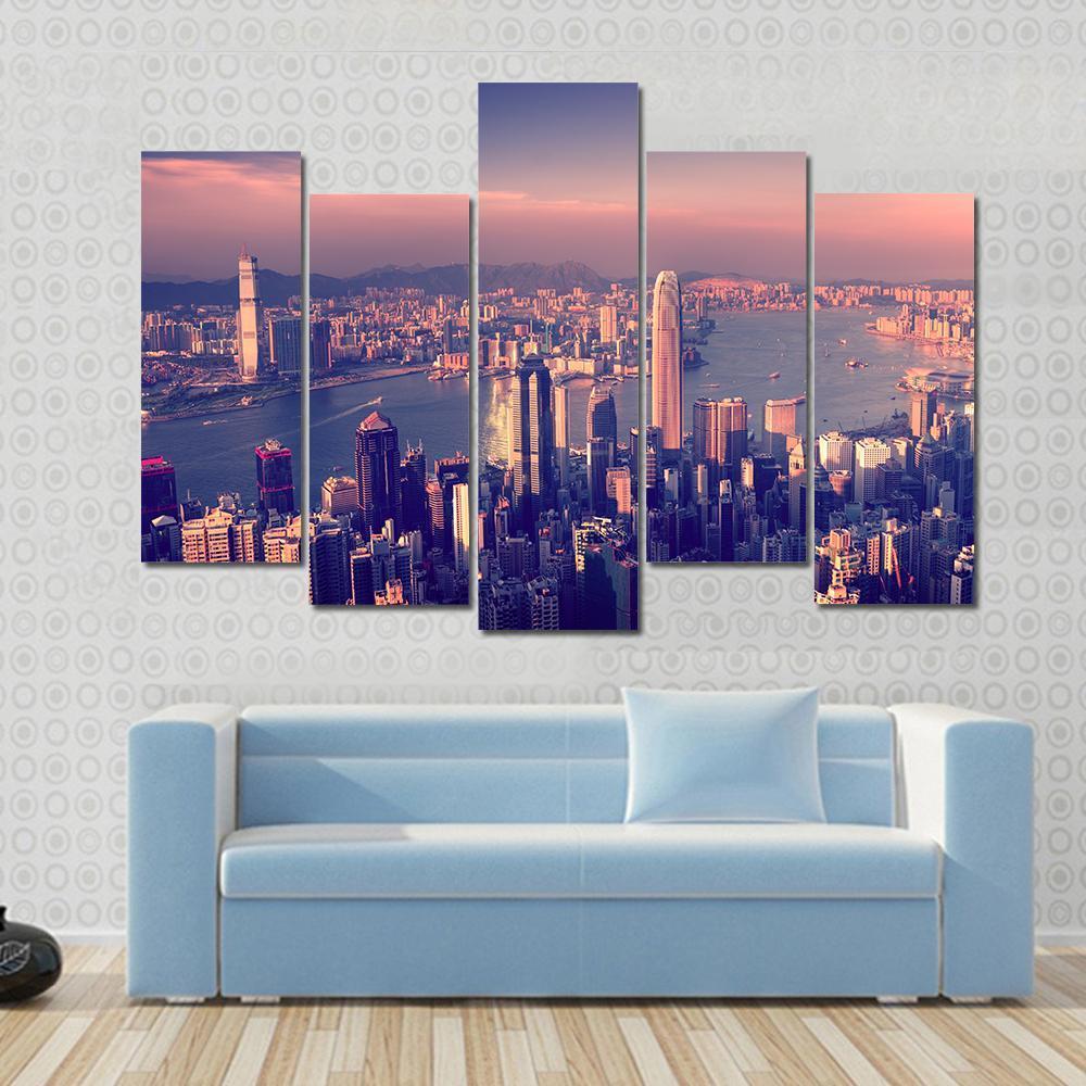 City Skyline &amp; River Canvas Wall Art-5 Pop-Gallery Wrap-47" x 32"-Tiaracle