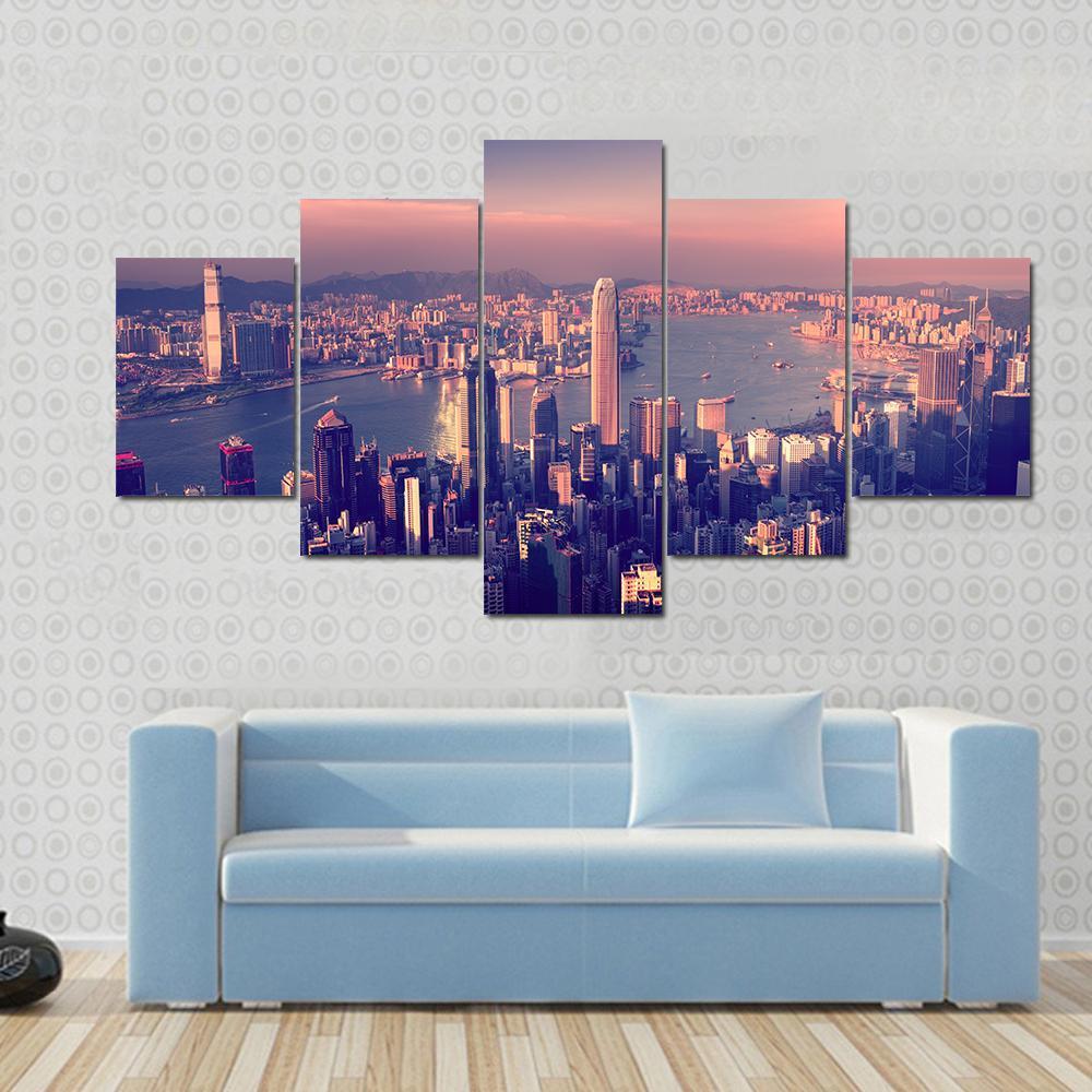 City Skyline &amp; River Canvas Wall Art-5 Star-Gallery Wrap-62" x 32"-Tiaracle