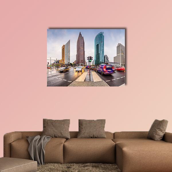Potsdamer Platz City Skyline Canvas Wall Art in gray, beige and blue, single panel hung on a wall