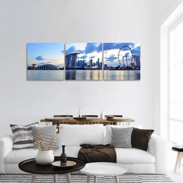 Marina Bay Skyline at Dusk Panoramic Canvas Wall Art in white, gray and blue, hung on a wall