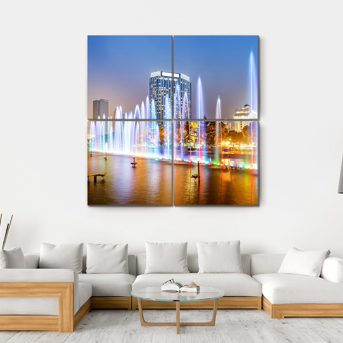 City Square Music Fountain Canvas Wall Art-4 Square-Gallery Wrap-17" x 17"-Tiaracle
