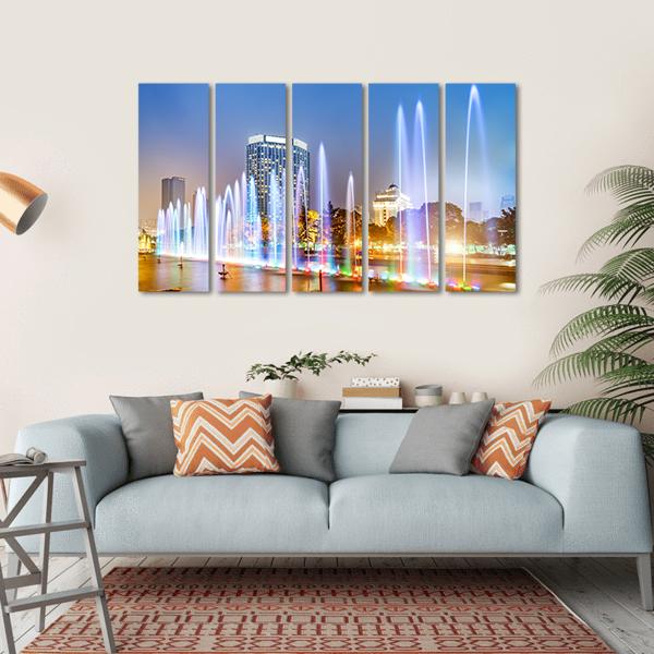 City Square Music Fountain Canvas Wall Art-5 Horizontal-Gallery Wrap-22" x 12"-Tiaracle