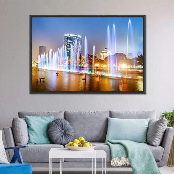 City Square Music Fountain Canvas Wall Art-5 Horizontal-Gallery Wrap-22" x 12"-Tiaracle