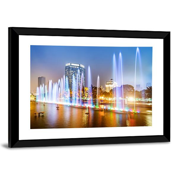 City Square Music Fountain Canvas Wall Art-5 Horizontal-Gallery Wrap-22" x 12"-Tiaracle
