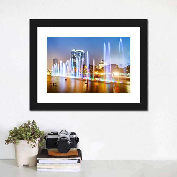 City Square Music Fountain Canvas Wall Art-5 Horizontal-Gallery Wrap-22" x 12"-Tiaracle