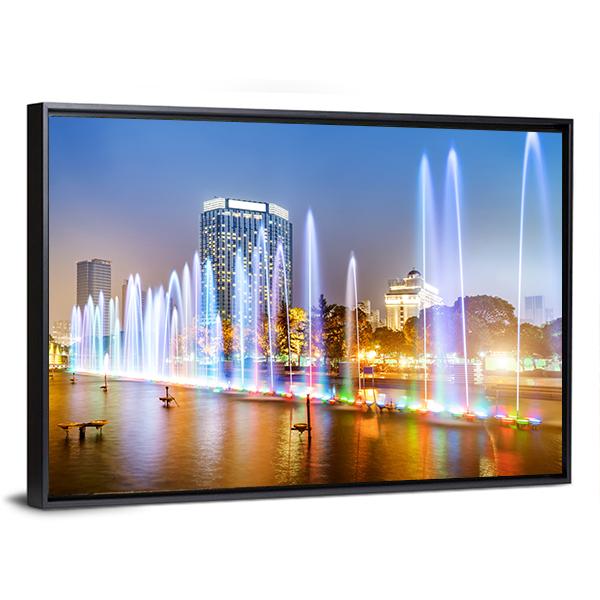 City Square Music Fountain Canvas Wall Art-5 Horizontal-Gallery Wrap-22" x 12"-Tiaracle