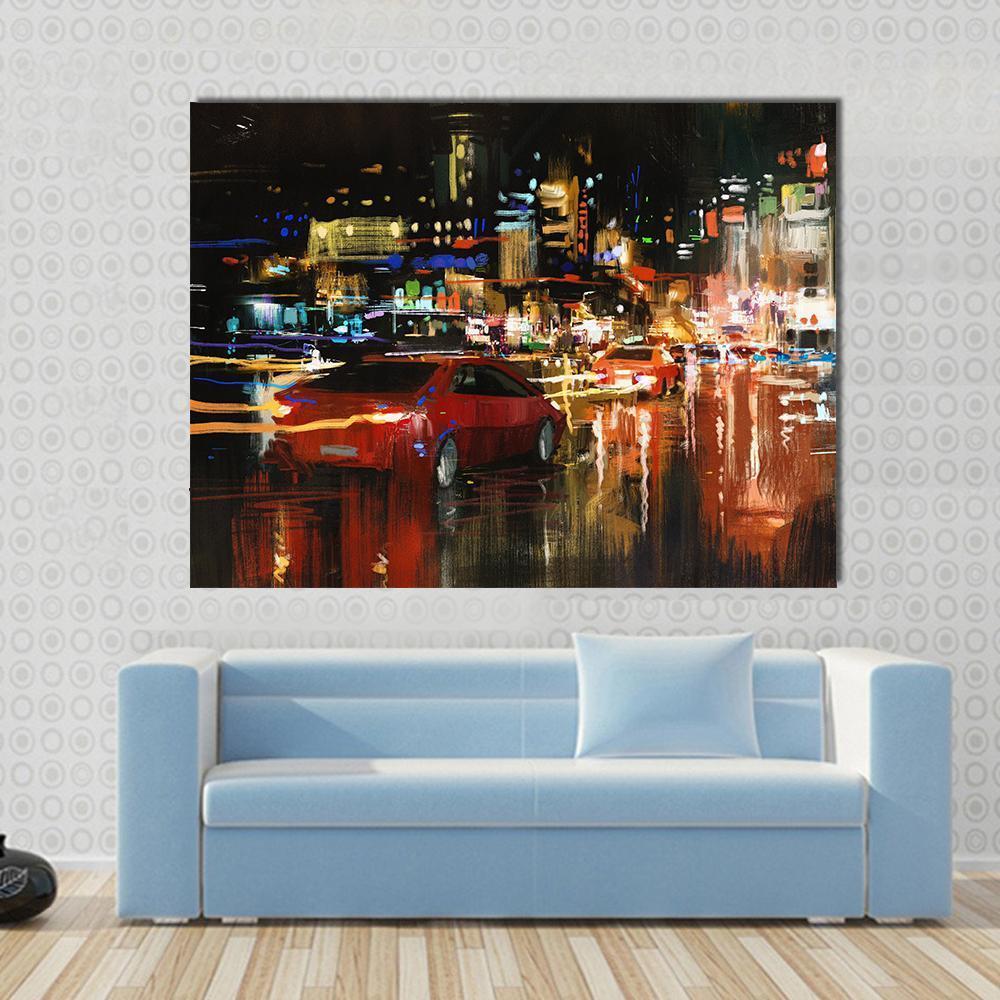 Street at Night Canvas Wall Art in black, red and orange, single panel hung on a wall
