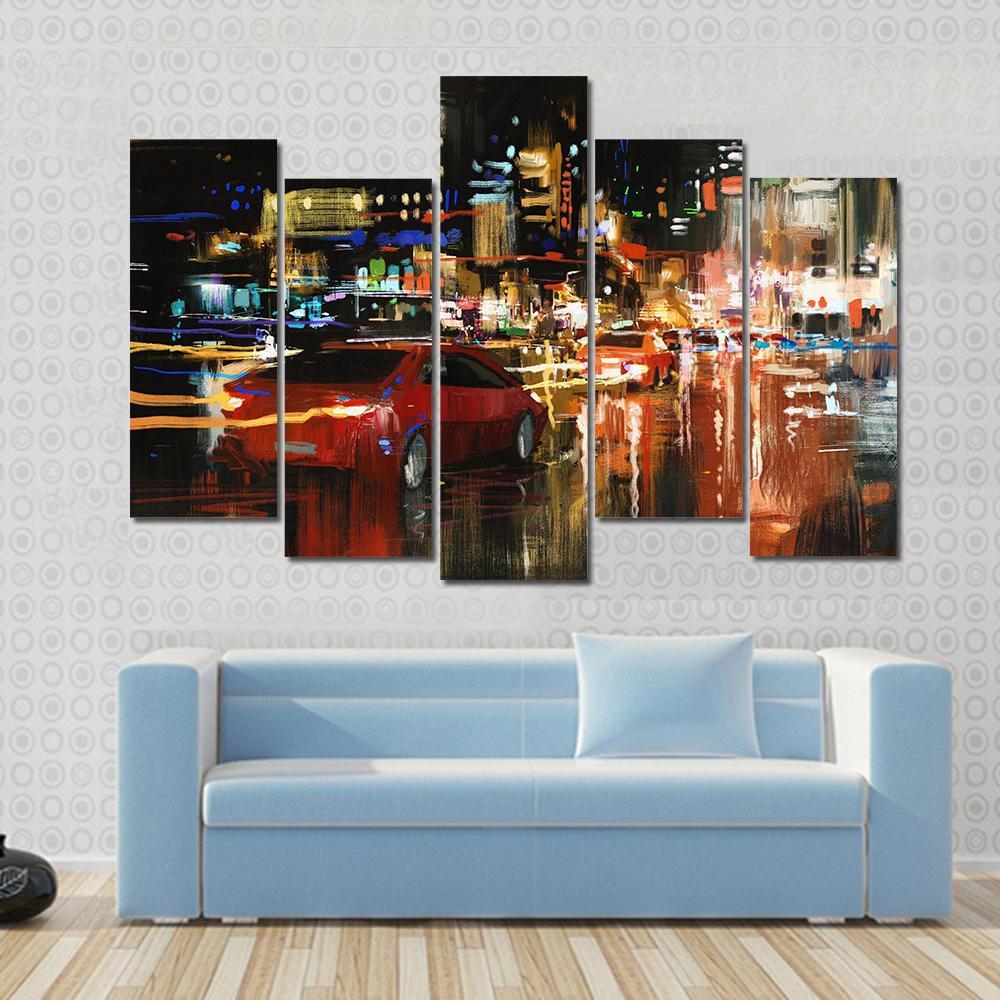 Street At Night Canvas Wall Art-5 Pop-Gallery Wrap-47&quot; x 32&quot;-Tiaracle