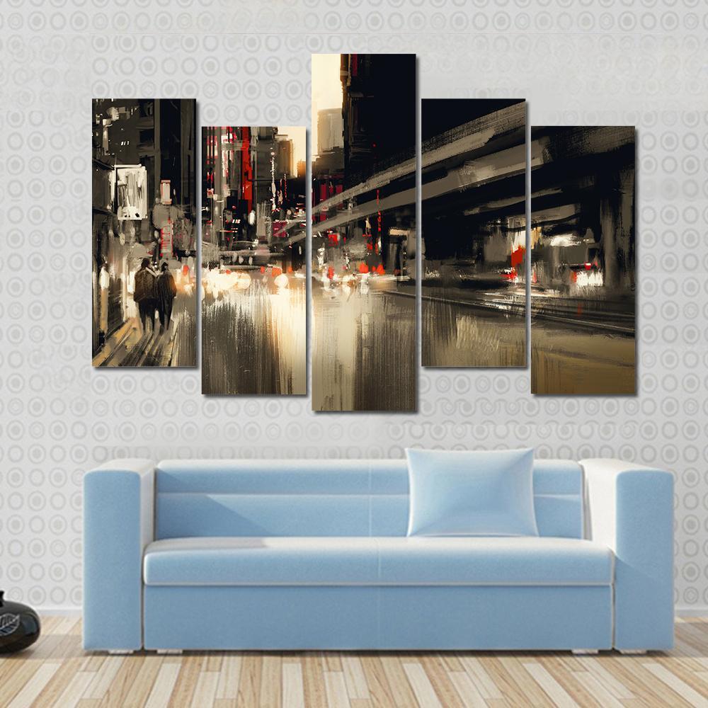 City Street illustration Canvas Wall Art-5 Pop-Gallery Wrap-47&quot; x 32&quot;-Tiaracle