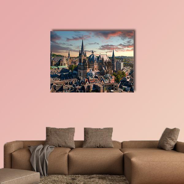 Aachen Cathedral and Skyline at Sunset Canvas Wall Art in brown, orange and blue, single panel hung on a wall