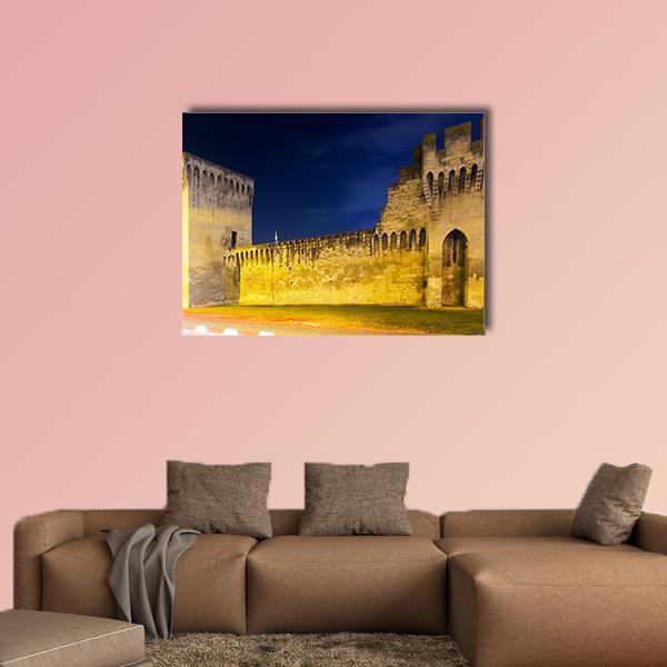 Avignon City at Night Canvas Wall Art in black, yellow and blue, single panel hung on a wall