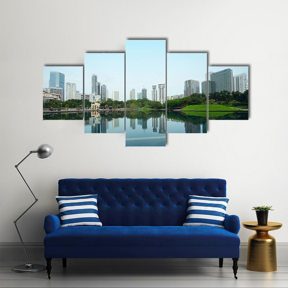 City Reflection In Water Canvas Wall Art-5 Star-Gallery Wrap-62" x 32"-Tiaracle