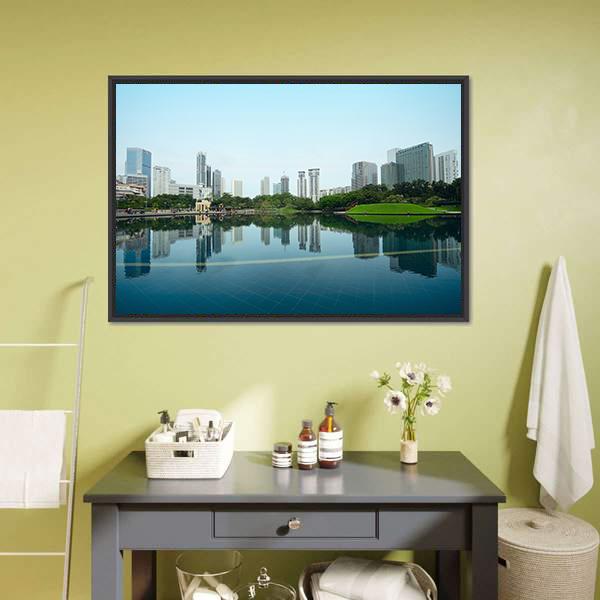 City Reflection In Water Canvas Wall Art-3 Horizontal-Gallery Wrap-25" x 16"-Tiaracle