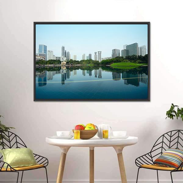 City Reflection In Water Canvas Wall Art-1 Piece-Floating Frame-24" x 16"-Tiaracle