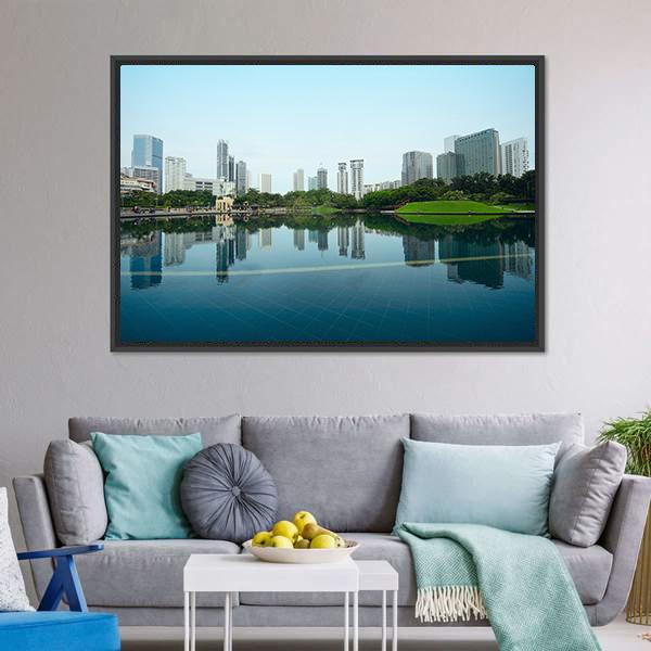 City Reflection In Water Canvas Wall Art-3 Horizontal-Gallery Wrap-25" x 16"-Tiaracle
