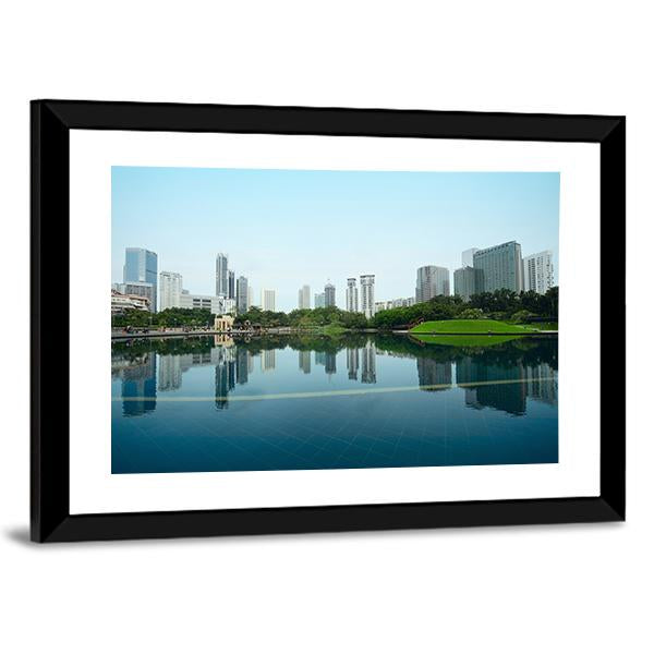 City Reflection In Water Canvas Wall Art-3 Horizontal-Gallery Wrap-25" x 16"-Tiaracle